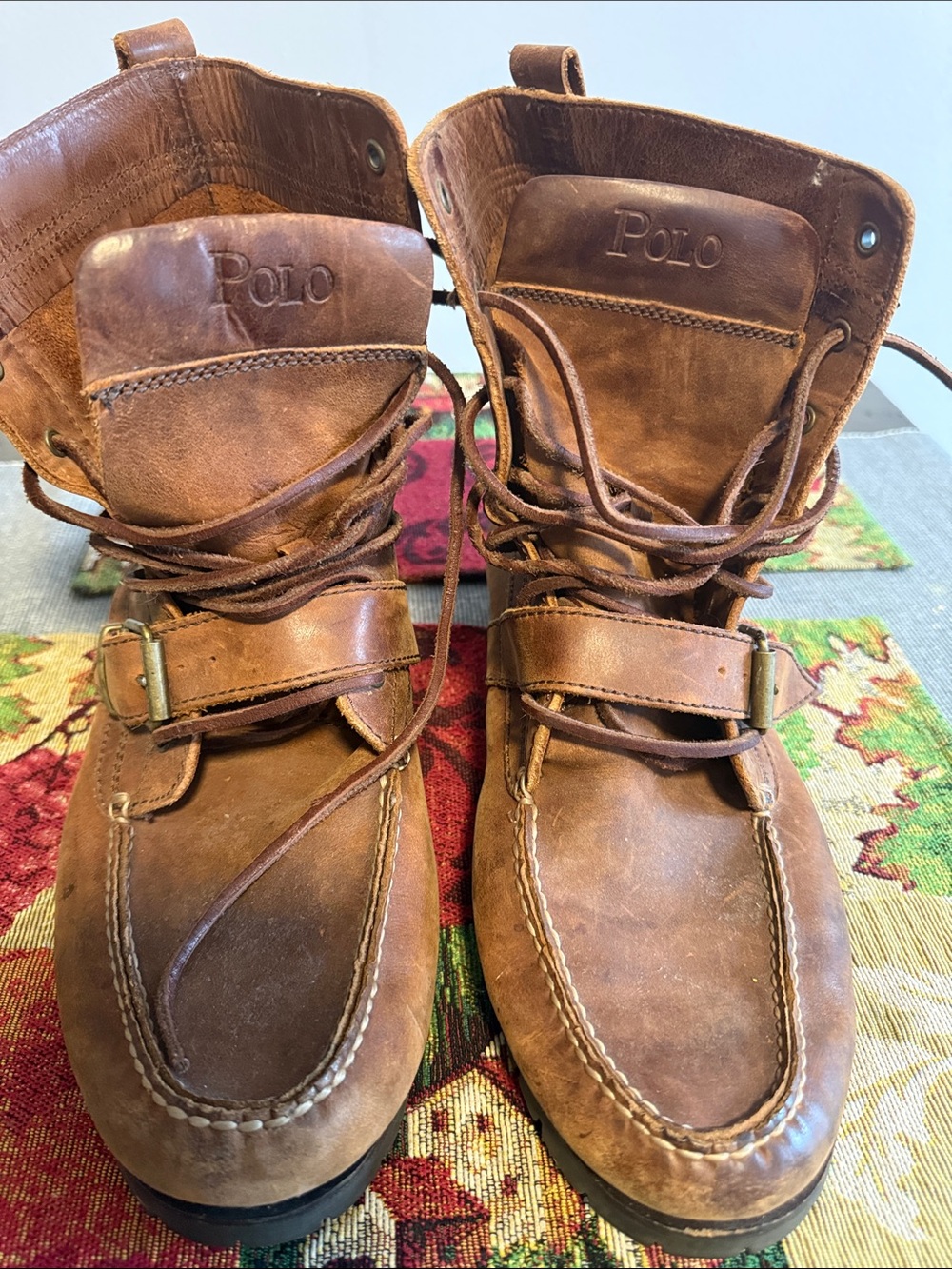 Polo by Ralph Lauren Tan Leather Men's Lace-Up Moc Toe Boots with Strap